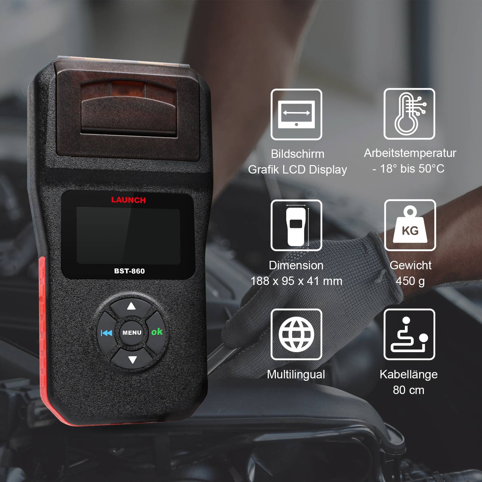LAUNCH Europe BST-860 Batterietester KFZ / Digitale Auto Anlasstester 12V 24V