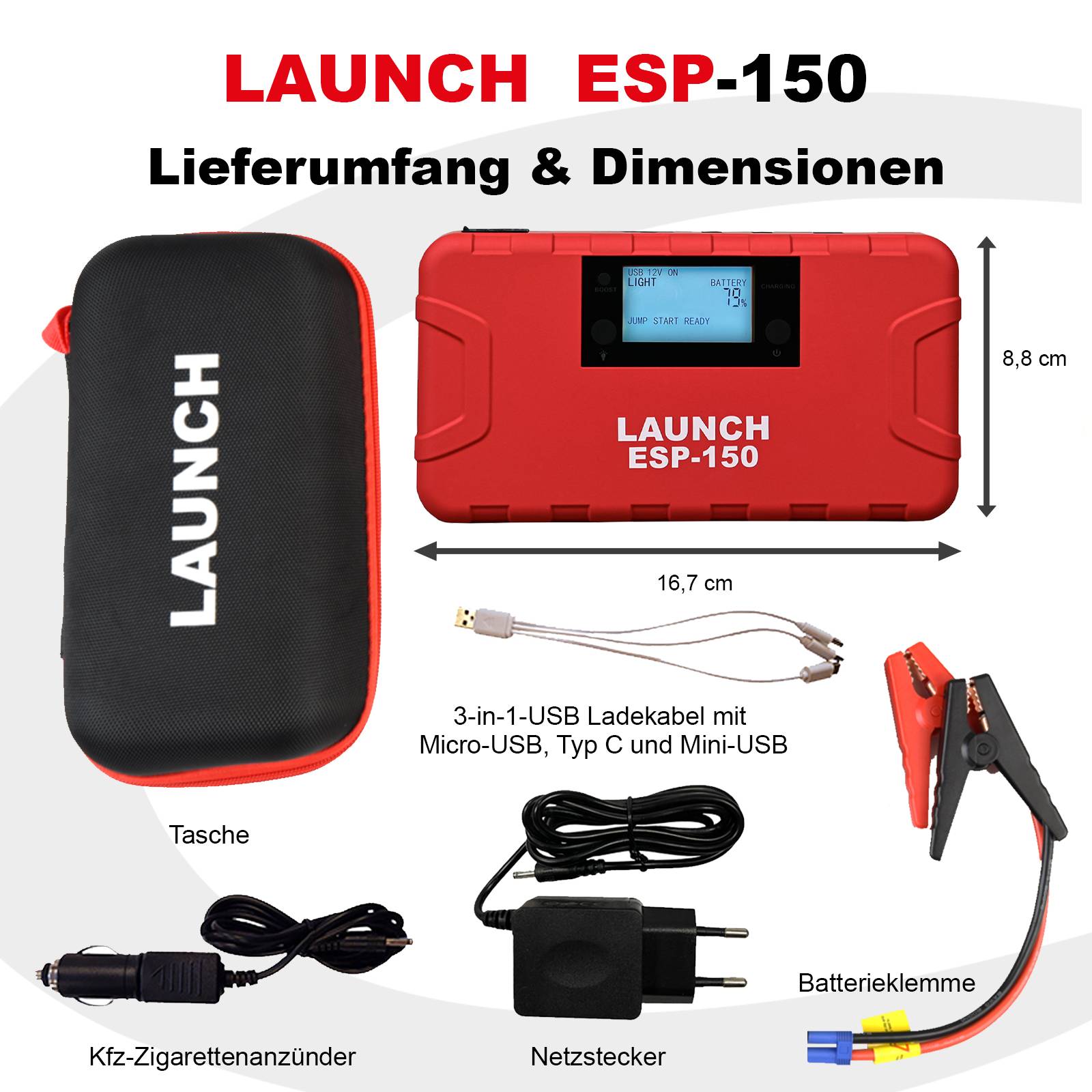 LAUNCH ESP-150 Starthilfegerät Auto Starter 500A 15.000mAh Starthilfe Powerbank