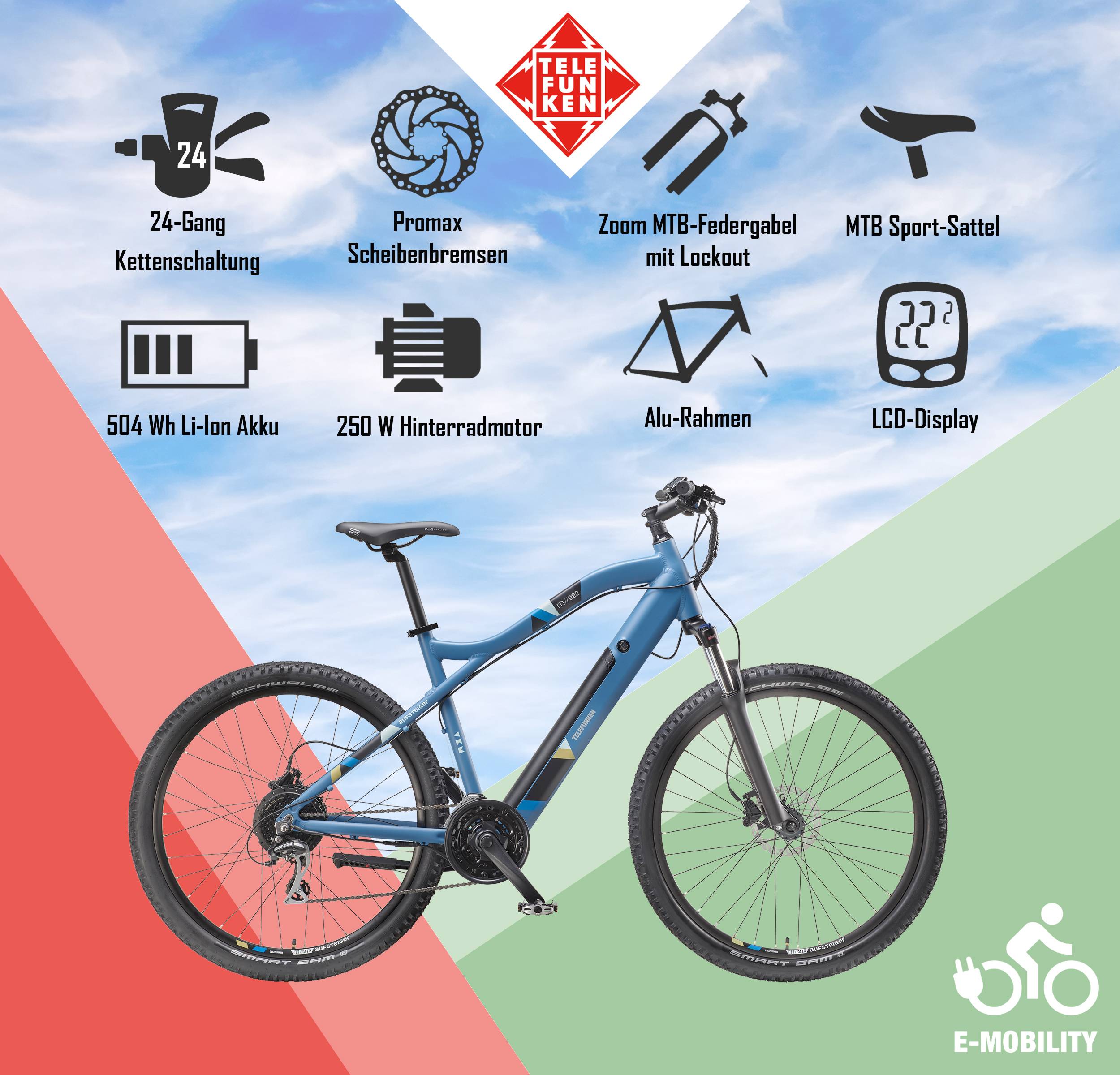 Telefunken E-Bike M922 mit 24 Gang Shimano Acera Kettenschaltung, Mountainbike - Hinterradmotor 250W / 36V Li-Ion Akku