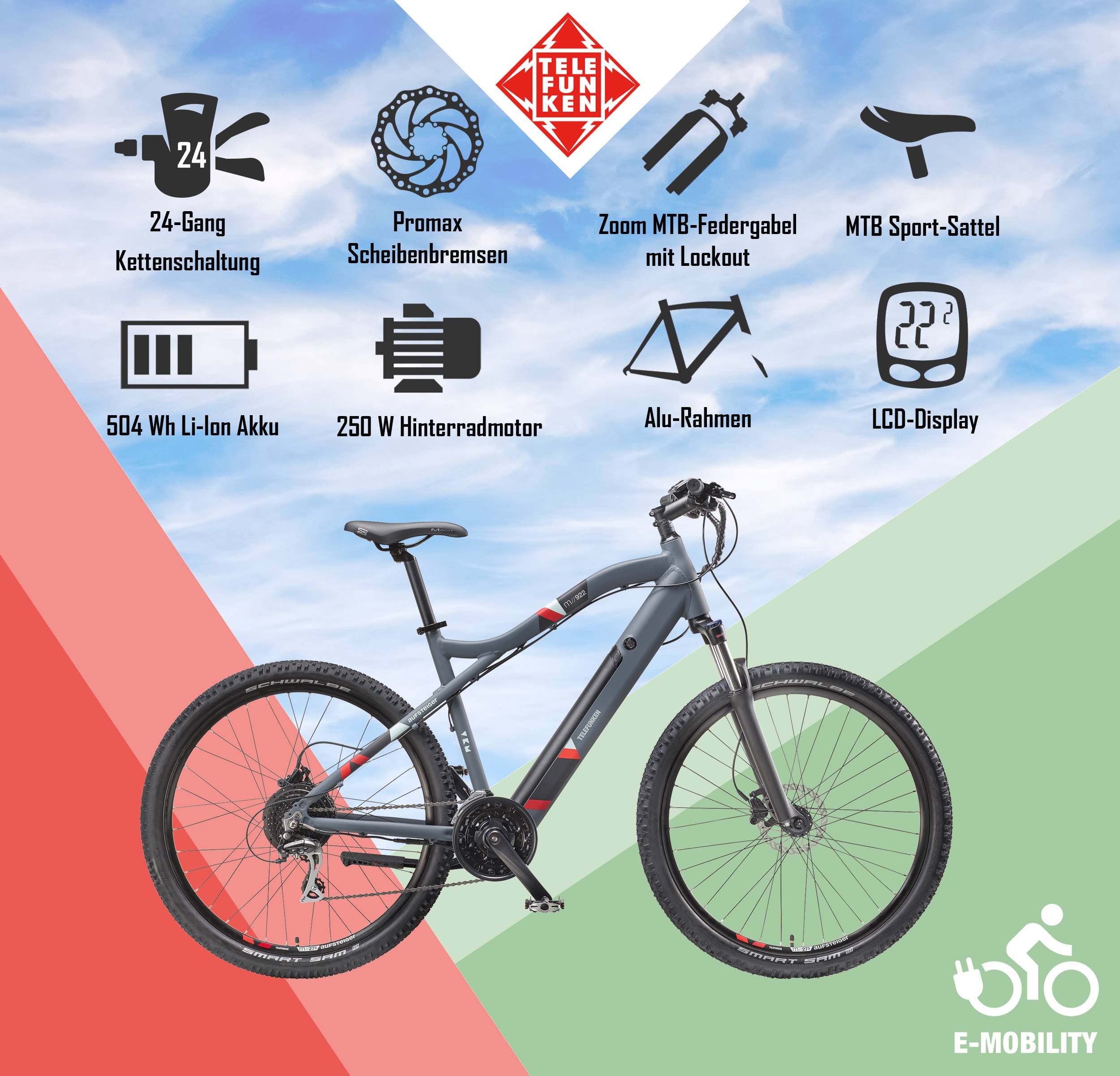 Telefunken E-Bike M922 mit 24 Gang Shimano Acera Kettenschaltung, Mountainbike - Hinterradmotor 250W / 36V Li-Ion Akku