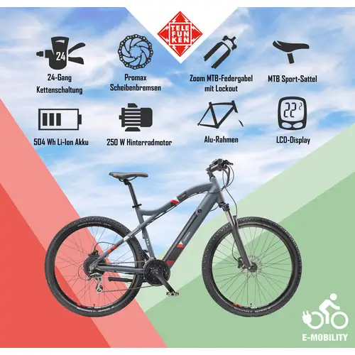 Telefunken E-Bike M922 mit 24 Gang Shimano Acera Kettenschaltung, Mountainbike - Hinterradmotor 250W / 36V Li-Ion Akku Telefunken E-Bike M922 mit 24 Gang Shimano Acera Kettenschaltung, Mountainbike - Hinterradmotor 250W / 36V Li-Ion Akku