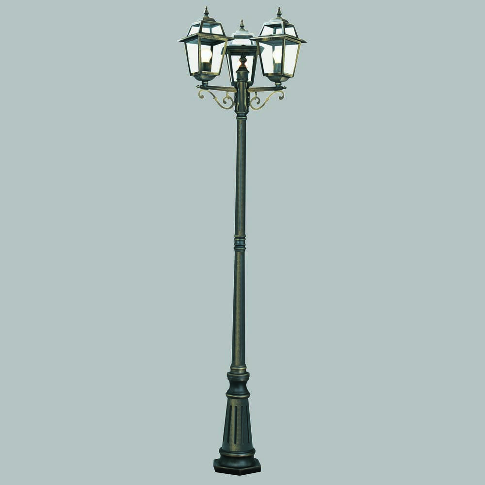 3Flammiger Außen Stehleuchte (Höhe 230Cm) Schwarz Gold, Klarglas gemalt