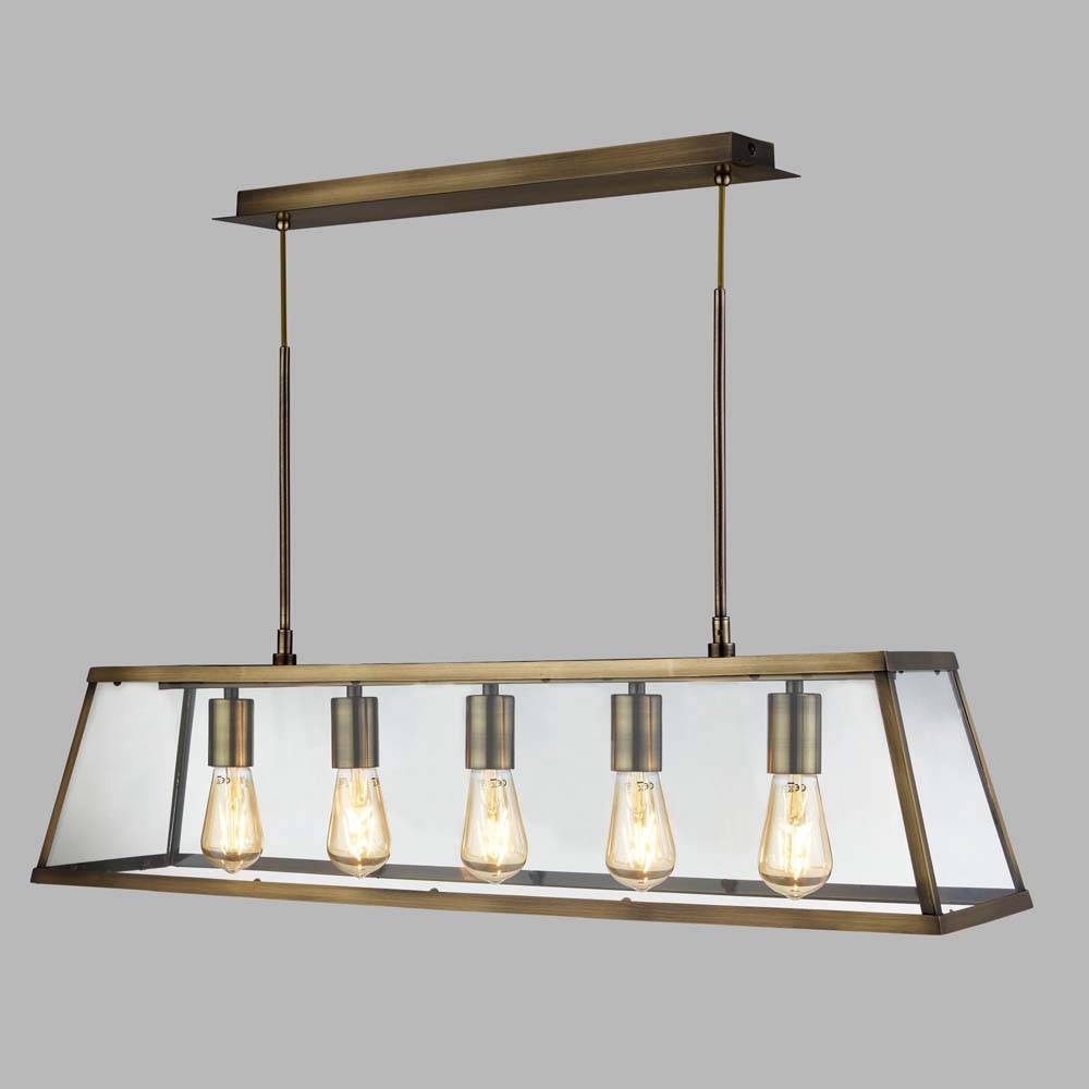 Voyager 5Flammiger Leisten Pendelleuchte, Antik Messing, Glas plattiert klar