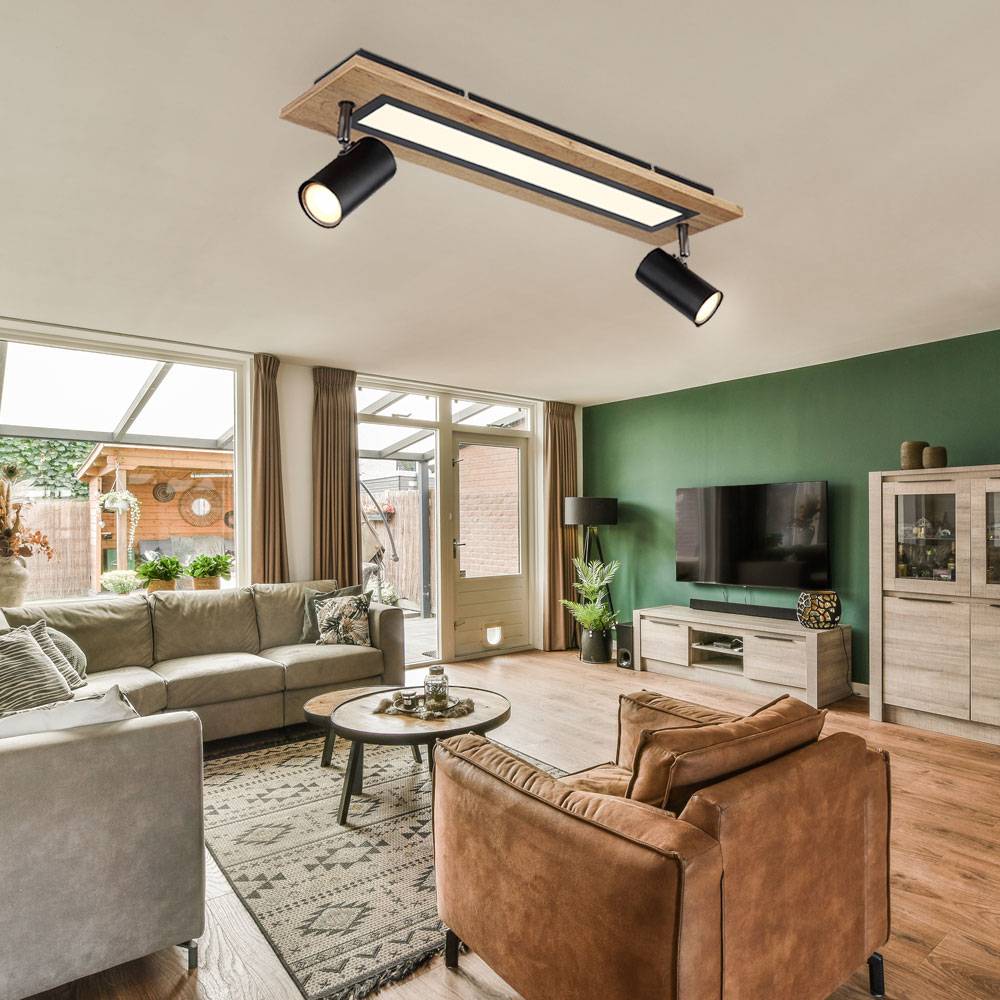 LED Deckenleuchte Deckenlampe Wohnzimmerleuchte Esszimmerlampe, Holz Metall schwarz MDF, Spotleuchte verstellbar Memoryfunktion, 18W 3000K warmweiß