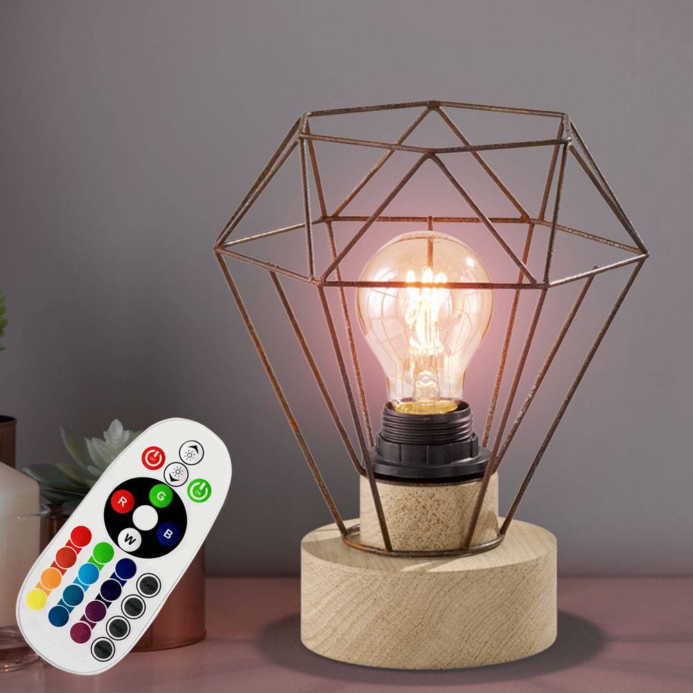 Tischlampe Wohnzimmer Holzlampe Tischleuchte Schlafzimmerlampe Käfig Holz E27, Fernbedienung dimmbar, Metall rost, 1x RGB LED 9W 806Lm, DxH 19x22,5