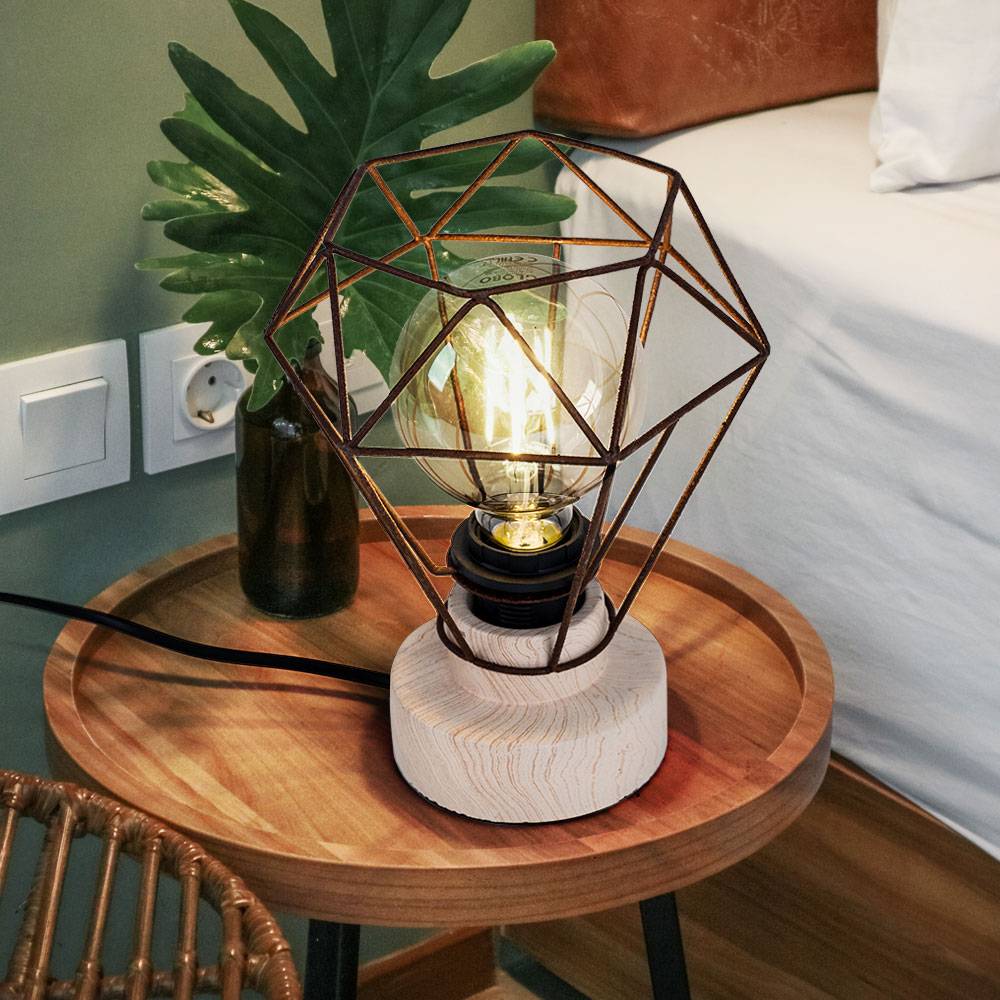 Tischlampe Wohnzimmer Holzlampe Tischleuchte Schlafzimmerlampe Käfig Holz E27, Fernbedienung dimmbar, Metall rost, 1x RGB LED 9W 806Lm, DxH 19x22,5