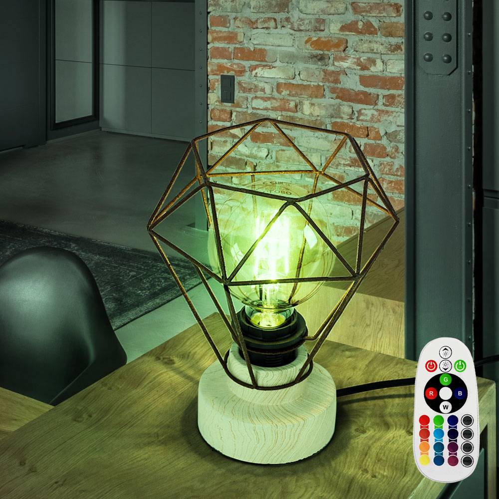 Tischlampe Wohnzimmer Holzlampe Tischleuchte Schlafzimmerlampe Käfig Holz E27, Fernbedienung dimmbar, Metall rost, 1x RGB LED 9W 806Lm, DxH 19x22,5