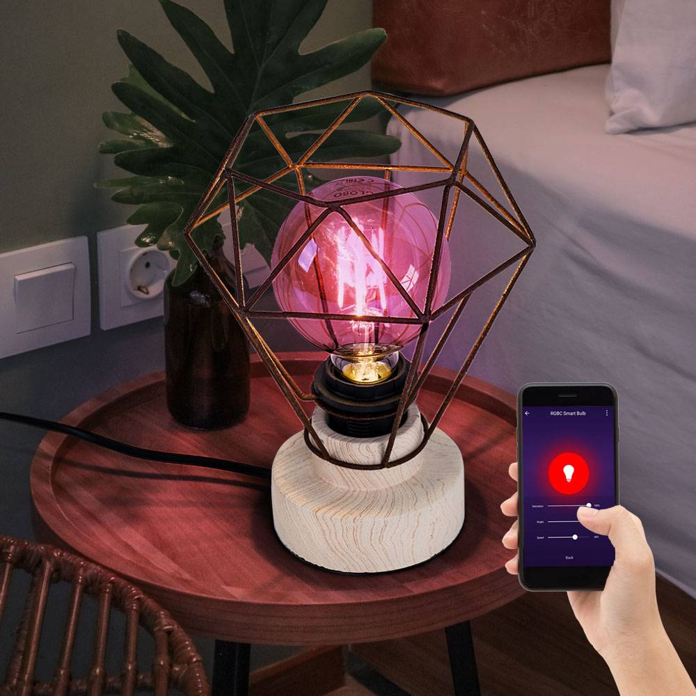 Tischlampe Smart LED Holzlampe Tischleuchte Schlafzimmerlampe Käfig Holz E27, RGB Farbwechsel, App und Sprachsteuerung, warmweiß-kaltweiß, DxH 19x2