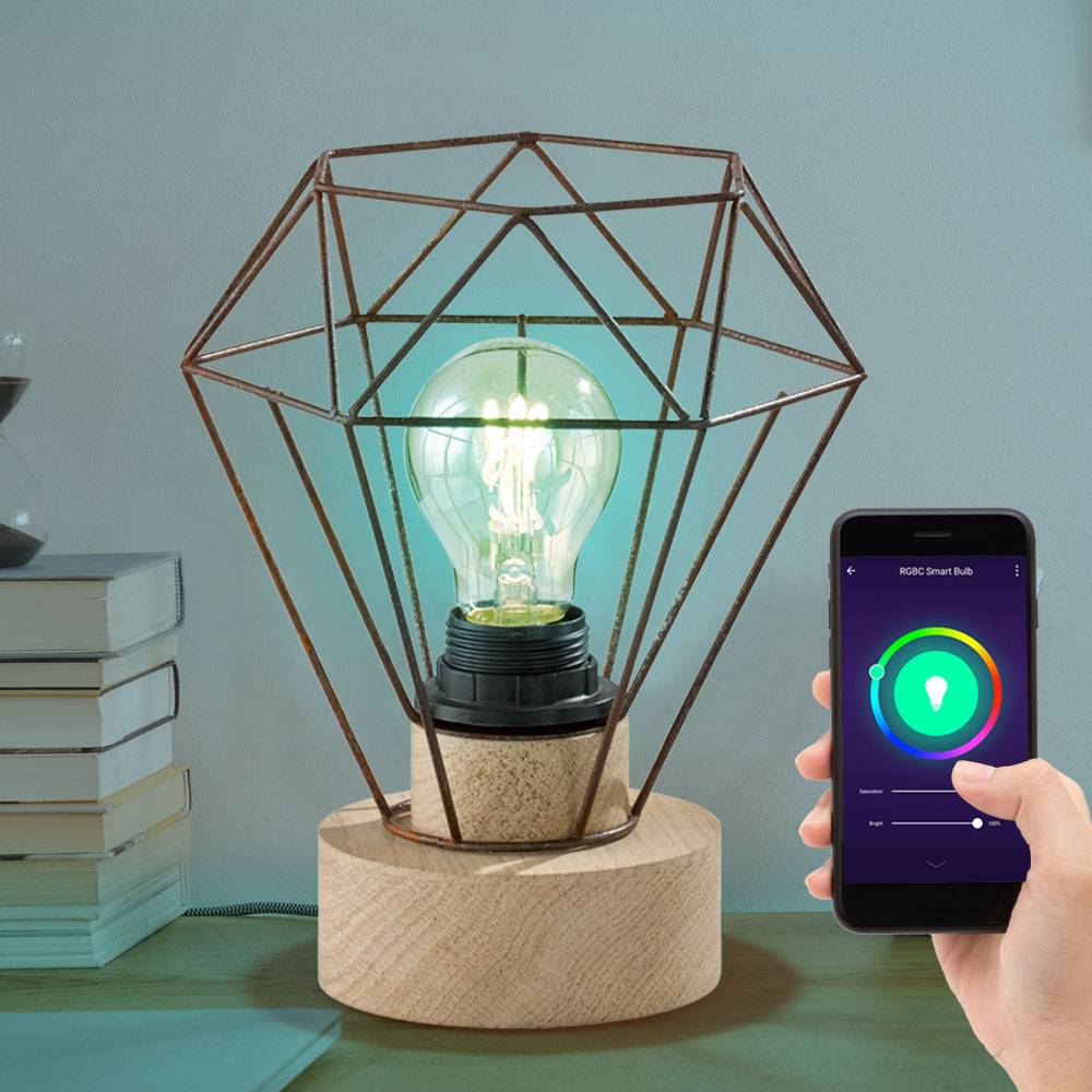 Tischlampe Smart LED Holzlampe Tischleuchte Schlafzimmerlampe Käfig Holz E27, RGB Farbwechsel, App und Sprachsteuerung, warmweiß-kaltweiß, DxH 19x2