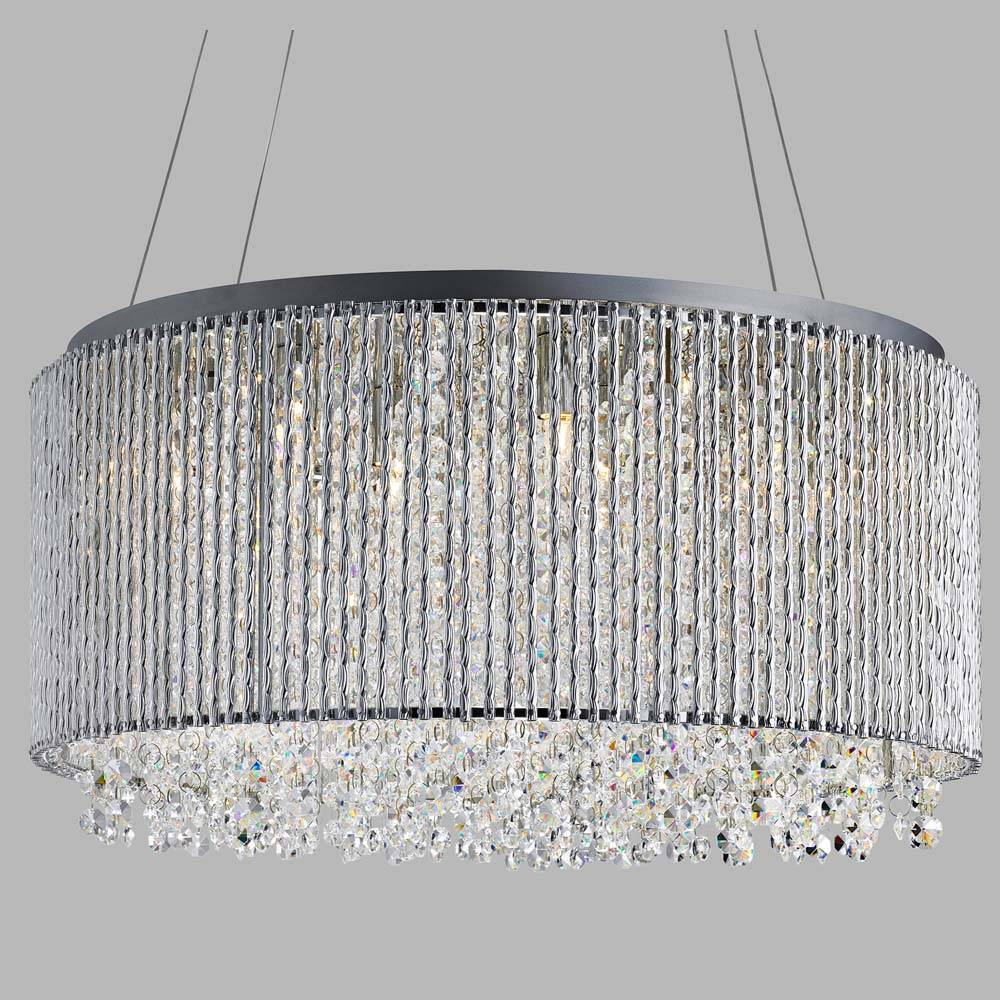 Beatric 8Flammiger Trommelpendelleuchte, Chrom, Klare Kristall Knopftropfen, Aluminium Außenrahmen