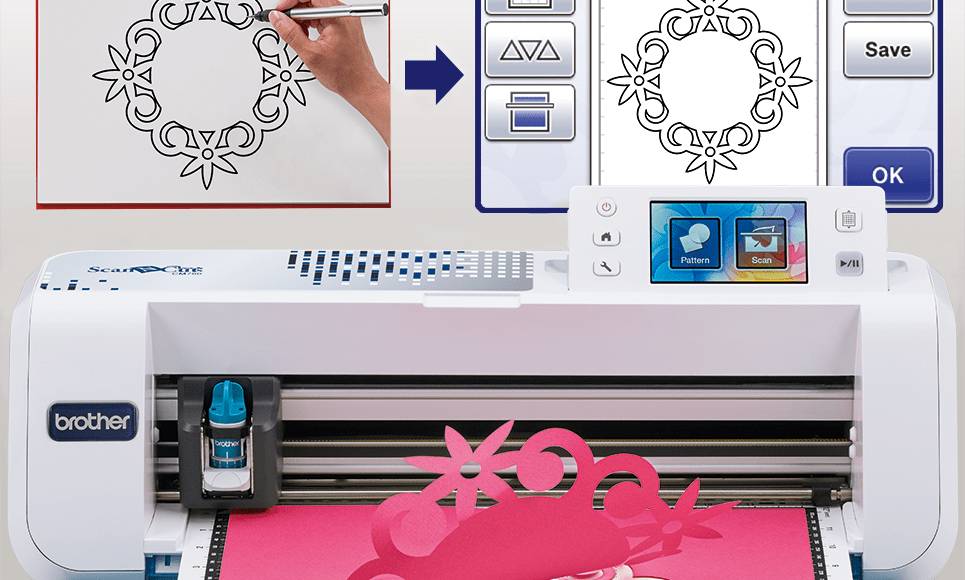 Brother-Schneidemaschine mit Touchscreen, der Mustereauswahl anzeigt, und eine Hand, die ein Design zeichnet, das eine rosa Papierausschnitt produziert.