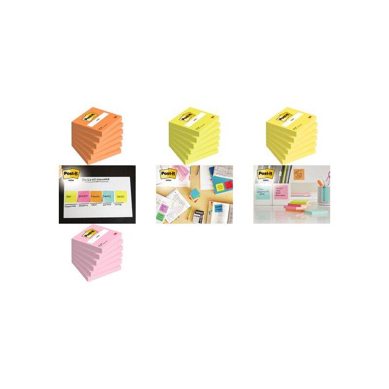 Stapel verschiedenfarbiger Post-it-Notizen in Orange, Gelb und Rosa. In der Nähe sind sie zu sehen, wie sie zum Organisieren von Aufgaben auf einem Kalender und als Kühlschrankmitteilungen verwendet werden.