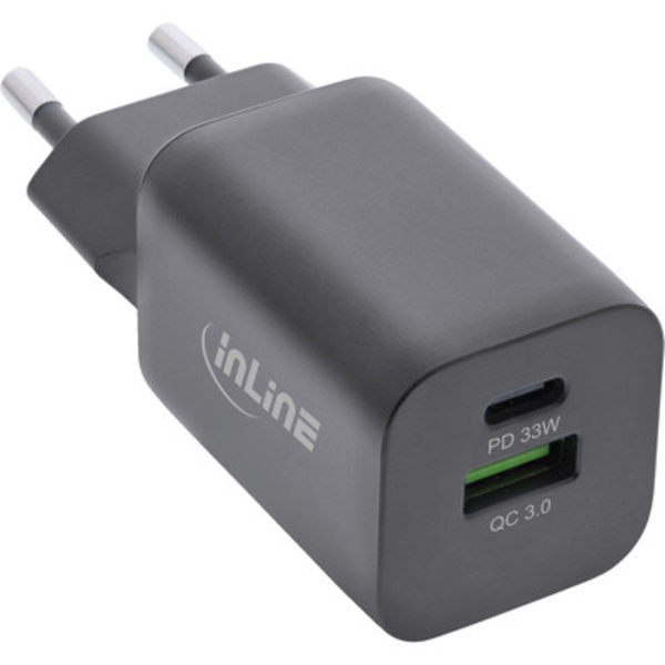 InLine® USB Netzteil, Ladegerät, USB-A + USB-C, 33W, Power Delivery + Quick Charge, schwarz Strom