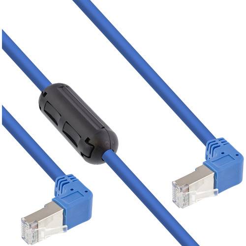 Blaues Ethernet-Kabel mit einem Ferritkerntoroid in der Nähe eines Endes und zwei durchsichtigen Steckern.