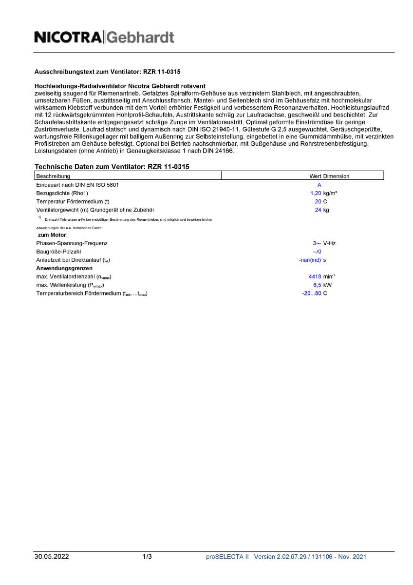 Nicotra-Gebhardt Ventilator, Typ: RZR 11-0315