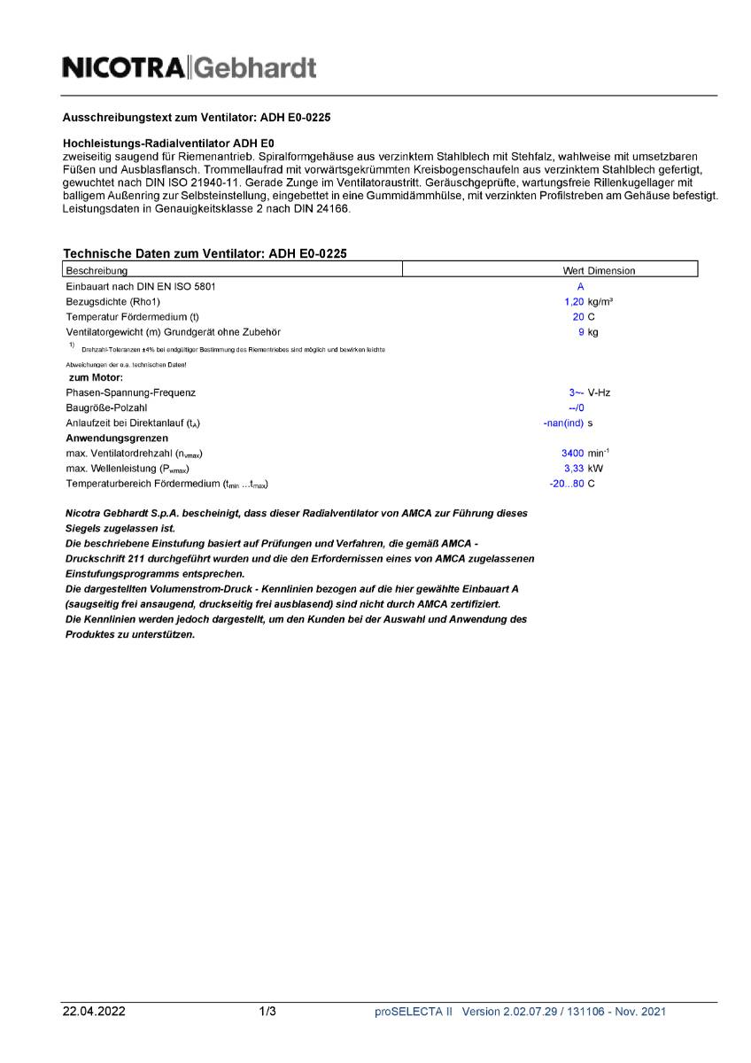 Nicotra-Gebhardt Ventilator, Typ: ADH E0-0225