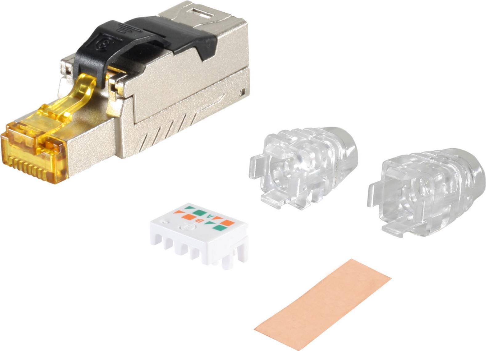 CAT 8.1 RJ45 Stecker, STP geschirmt, zur werkzeugfreien Montage mit Knickschutz, GHMT zertifiziert