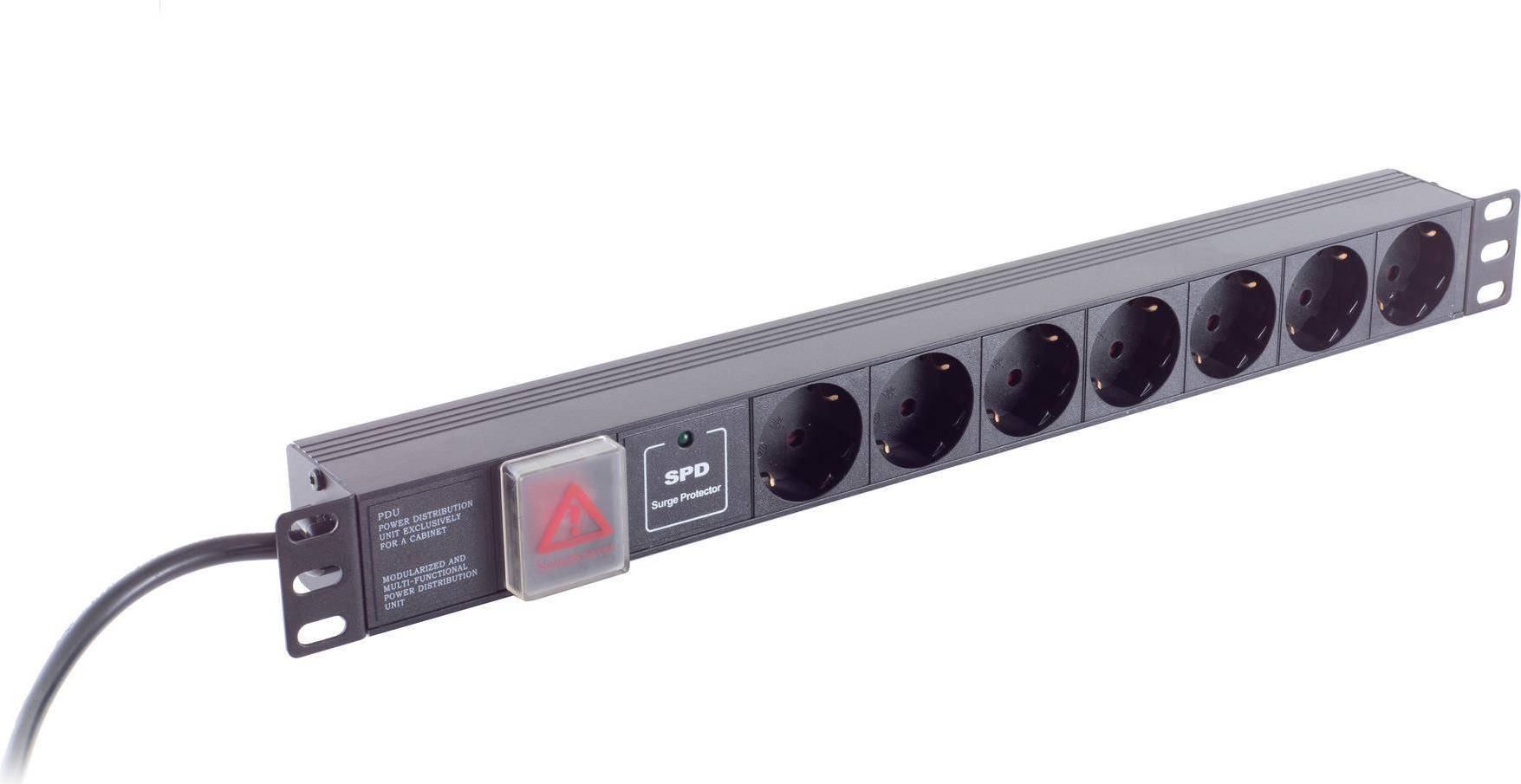 Steckdosenleiste für Geräteschränke / Rackmontage, Sicherheitsschalter, 2m Kabel, schwarz - Schrankgröße: für 19" 7-Fach
