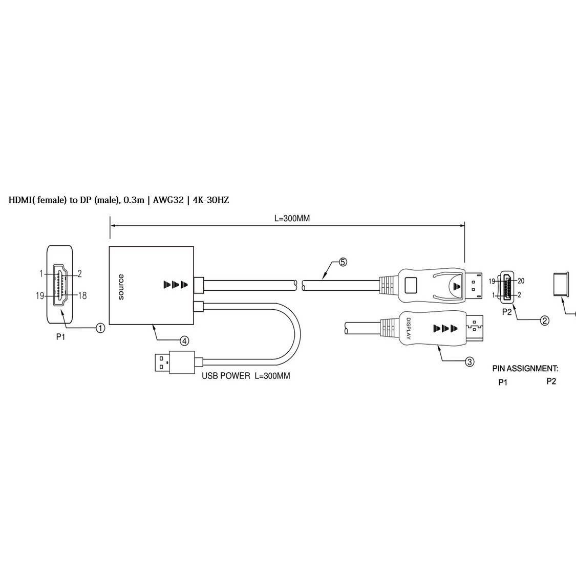 HDMI-A Adapter, Displayport Stecker, 4K, 30cm