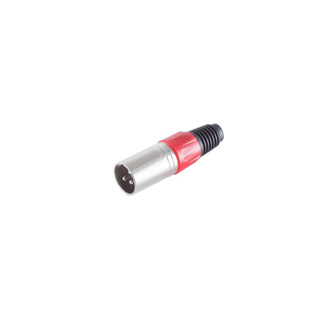 Ein kleiner Metallaudiokonnektorstecker mit einem roten Ring und schwarzem gerilltem Ende, dargestellt vor einem schlichten weißen Hintergrund.