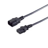 Schwarzes Stromkabel mit zwei IEC-Steckverbindern, einem Stecker und einer Buchse, auf weißem Hintergrund