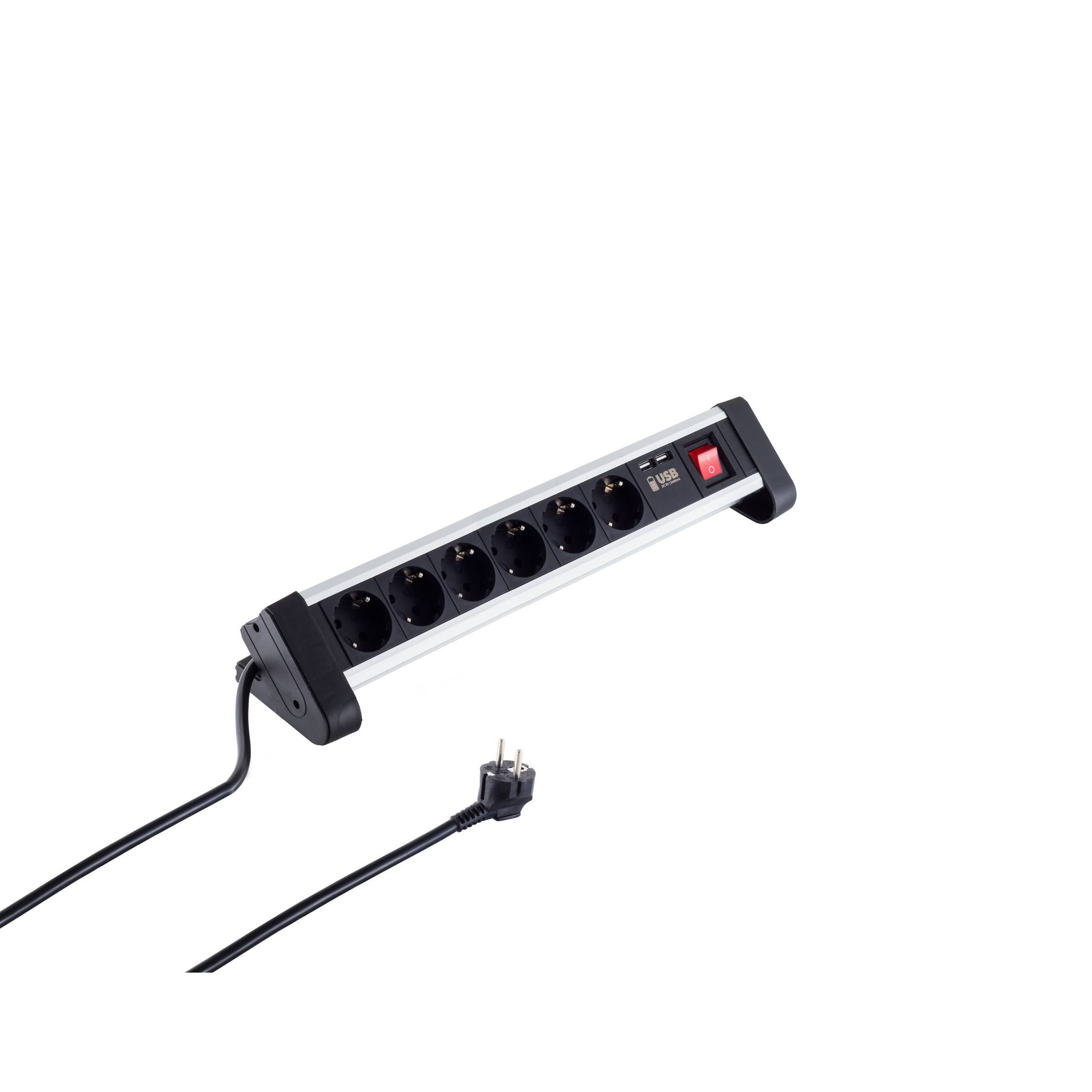 Tisch-Steckdosenleiste 6-fach mit USB Ladefunktion (2x 1A) schwarz
