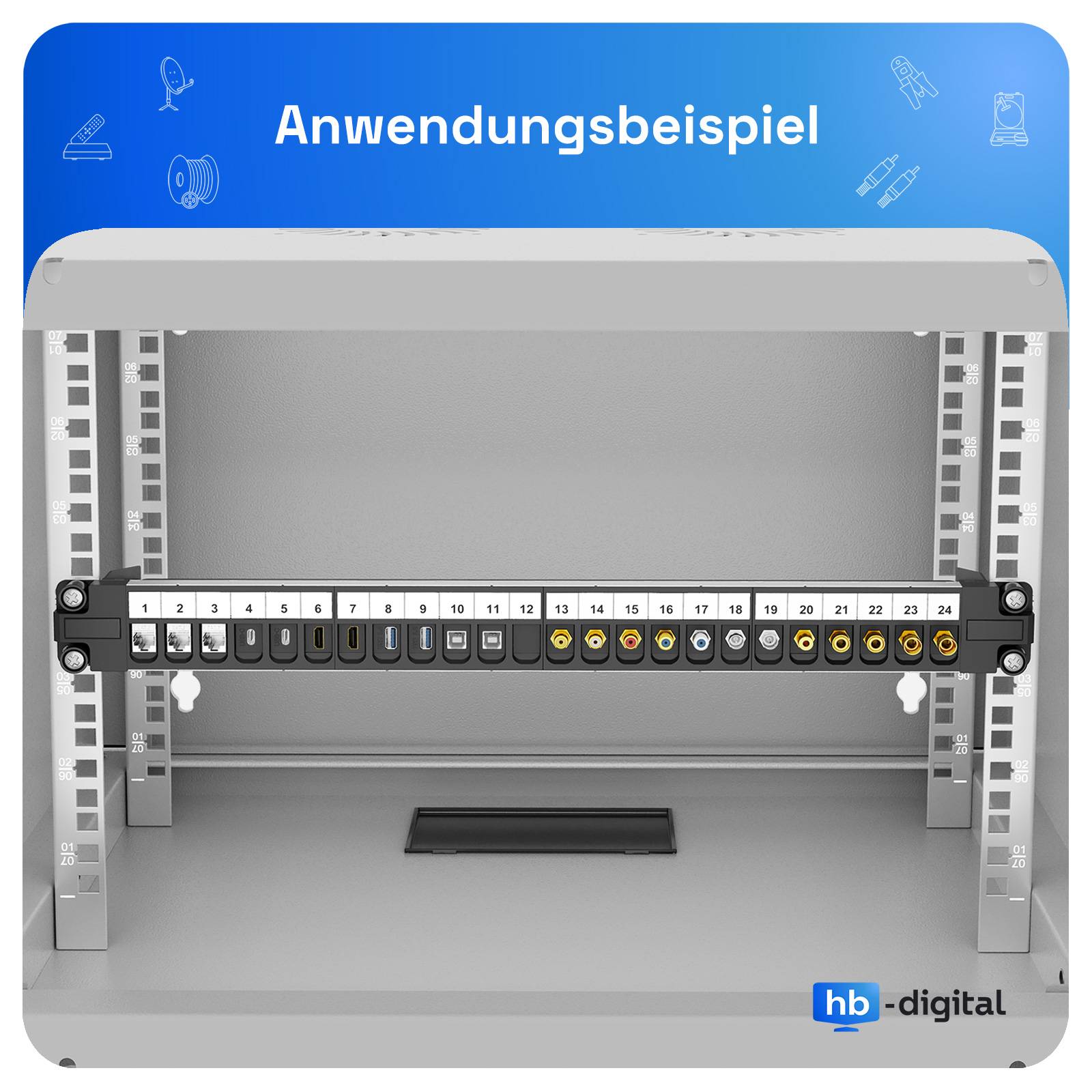 hb-digital Patchpanel 19 zoll / Patchfeld 24-Port für Keystone Module schwarz