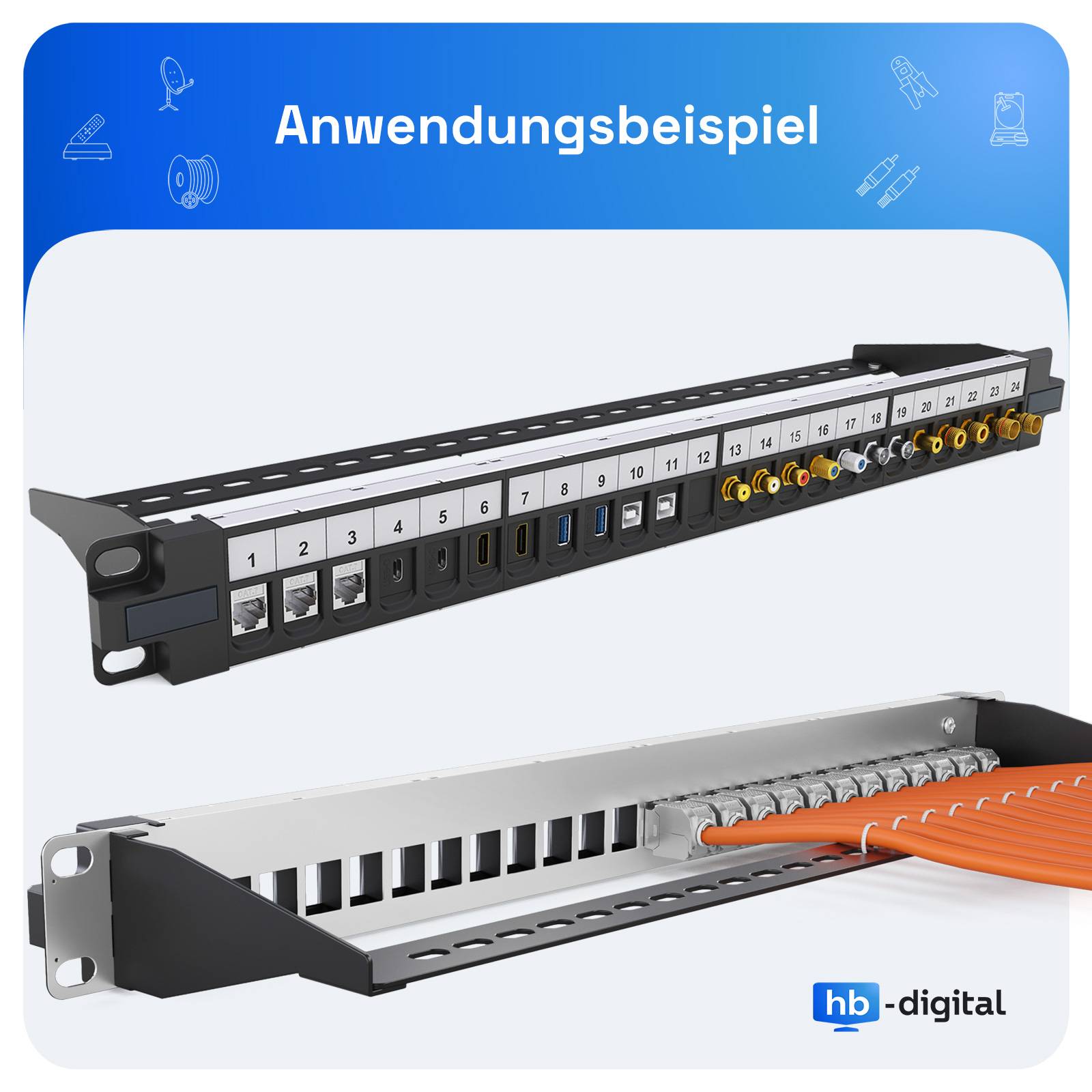 hb-digital Patchpanel 19 zoll / Patchfeld 24-Port für Keystone Module schwarz