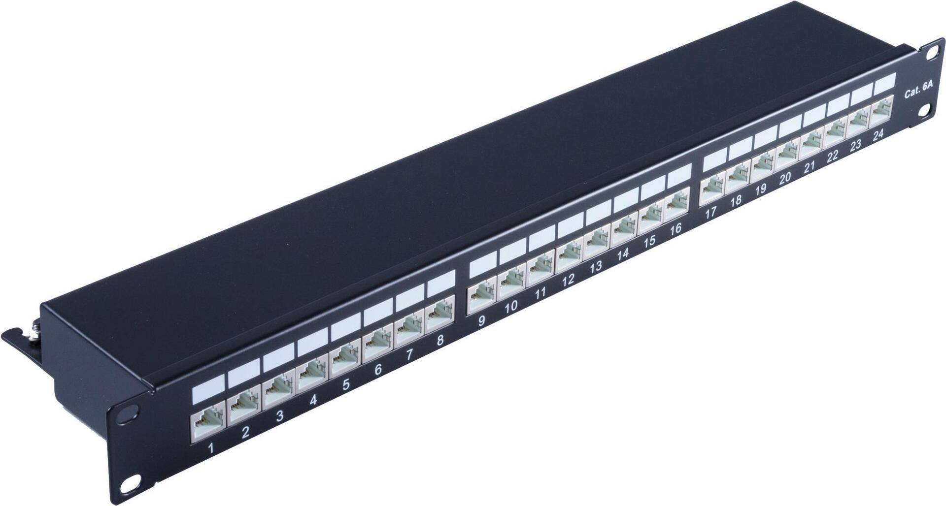 Patchpanel CAT 6A 24 Ports RJ45, 1 HE, schwarz 48,30cm (19'')-Patchfeld vollgeschirmt, 24 x vollgeschirmte RJ45-Buchsen