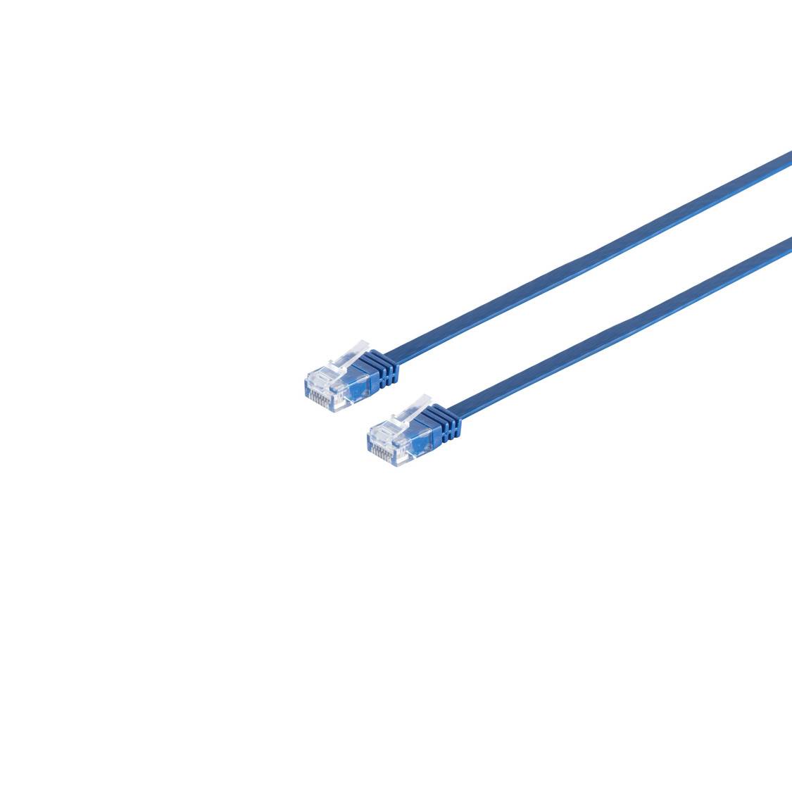 Blaues Ethernet-Kabel mit zwei RJ45-Steckern auf weißem Hintergrund.