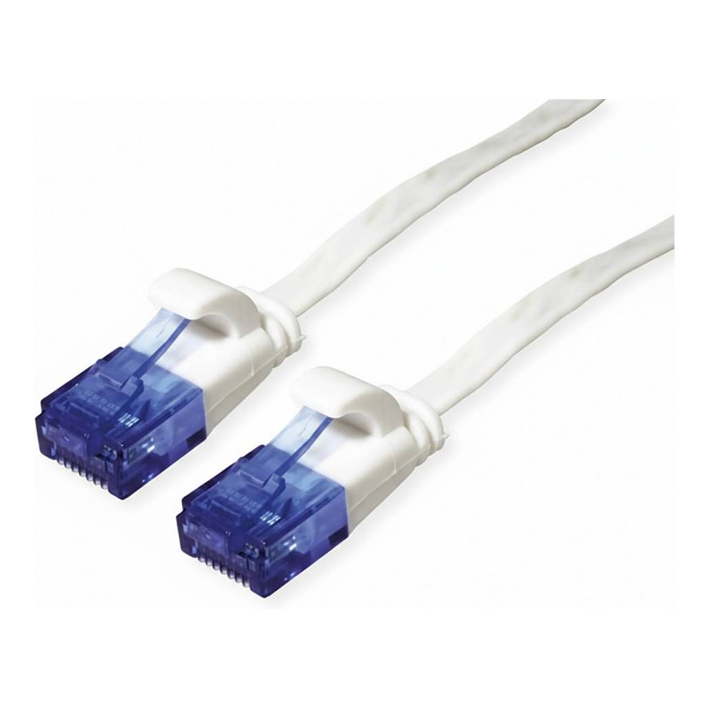 Zwei weiße Ethernet-Netzwerkkabel mit blauen RJ45-Anschlüssen auf einfachem weißem Hintergrund.