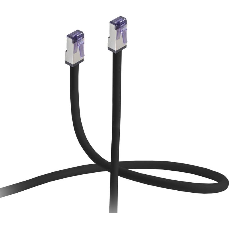 Zwei schwarze Ethernet-Kabel mit RJ45-Steckern, eines gerade und eines gekrümmt, überkreuzt auf weißem Hintergrund.