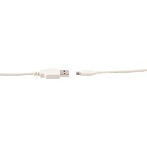 Weißes USB-Kabel mit einem Standard-USB-A-Stecker an einem Ende und einem kleineren Gerätestecker am anderen Ende, gezeigt vor einem schlichten weißen Hintergrund.
