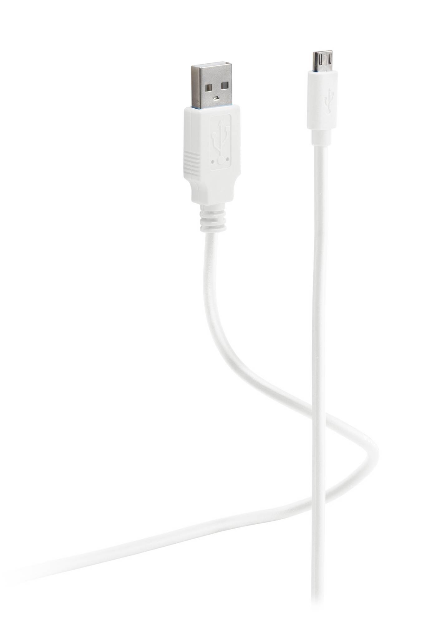 Weißes USB-Ladekabel mit einem USB-A-Anschluss auf der einen Seite und einem Micro-USB-Anschluss auf der anderen Seite.