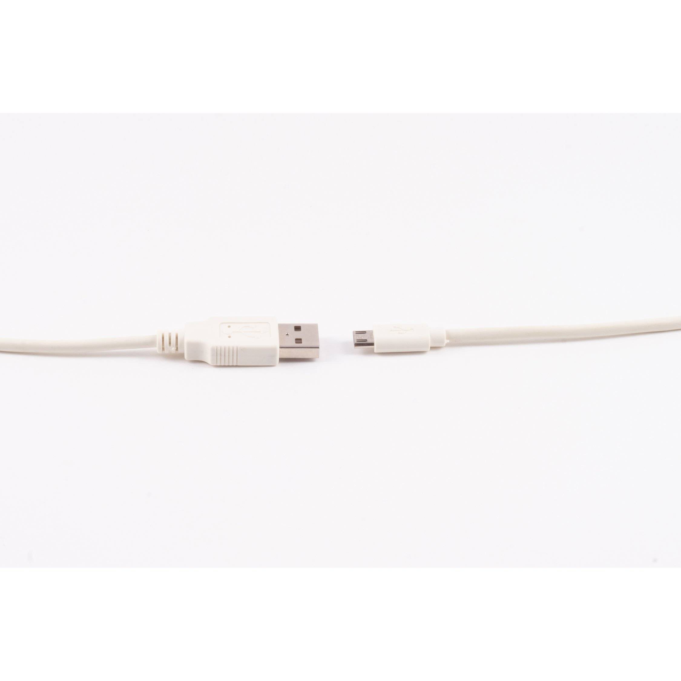 Weißes USB-Ladekabel mit einem Standard-USB-A-Stecker und einem kleineren Gerätestecker, dargestellt in getrenntem Zustand auf einem einfachen Hintergrund.