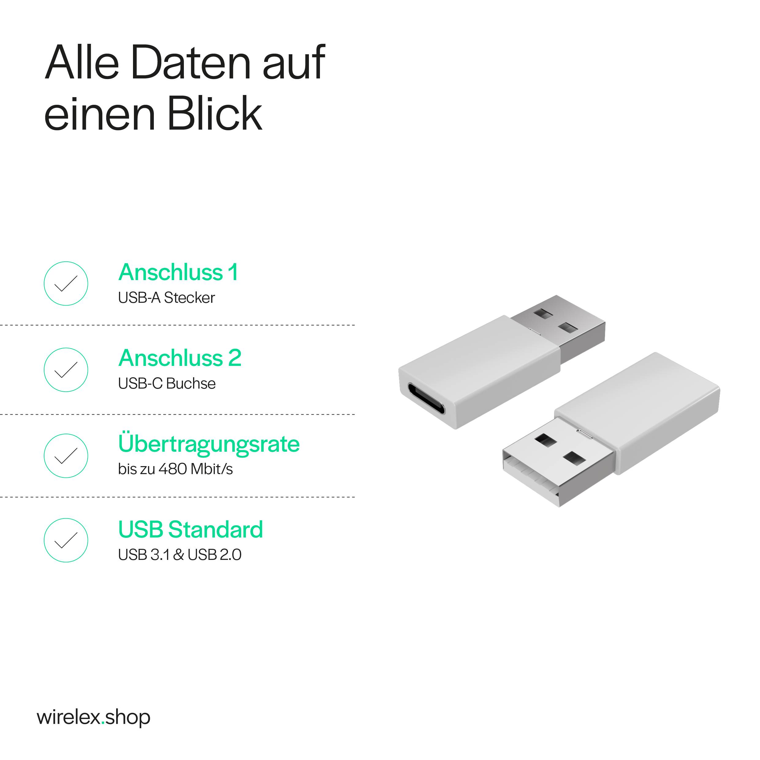 Adapter USB 2.0 A Stecker auf USB 3.1 C Buchse, weiß
