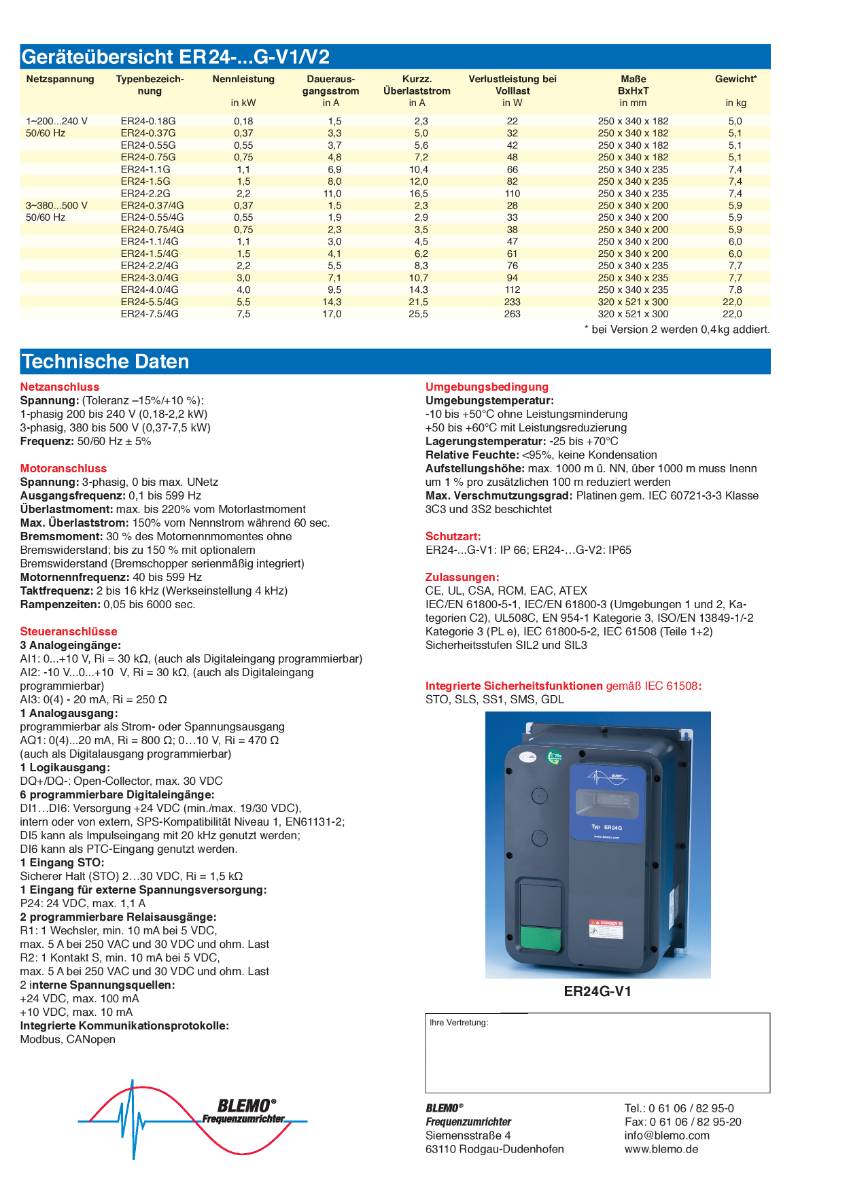 Blemo Frequenzumrichter ER24-0.75/4G - Leistung: 0,75 kW | Nennstrom: 2,0 A | IP 66/ IP65 | Eingangsspannung 1~ 200 - 240 V/ Ausgangsspannung