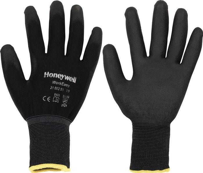 Zwei schwarze Sicherheitshandschuhe mit gelben Stulpen und 'Honeywell'-Branding auf der Rückseite, konzipiert für industrielle Anwendungen.