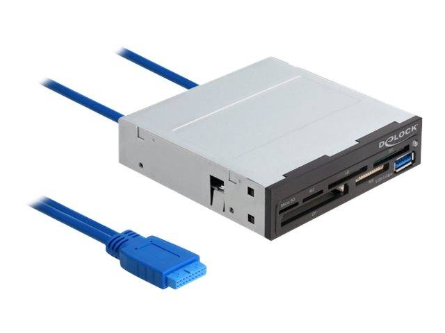 Interne Festplattengehäuse mit zwei blauen SATA-Datenkabeln und einem Frontpanel mit der Bezeichnung 'DOCK' mit Anschlüssen und Kartenschächten