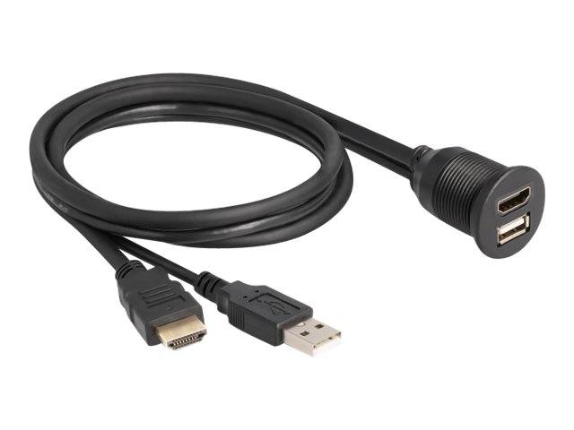 Schwarzes HDMI-Verlängerungskabel mit männlichen HDMI- und USB-A-Anschlüssen, endend in einer Paneelmontagebuchse mit HDMI- und USB-Öffnungen.