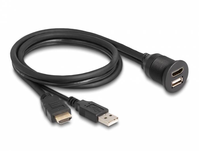 Schwarzes USB-Kabel mit HDMI- und USB-Anschlüssen, endend in einem runden Dual-USB-Ladeanschlussadapter.