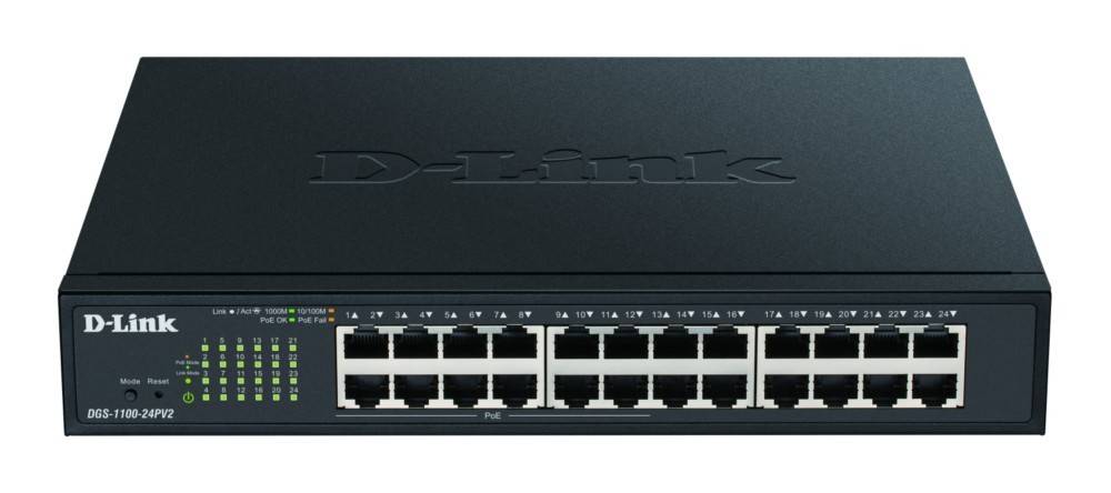 Ein schwarzer Netzwerk-Switch mit 24 Ethernet-Ports, beschriftet mit geraden Zahlen von '2' bis '24' und ungeraden Zahlen von '1' bis '23'.