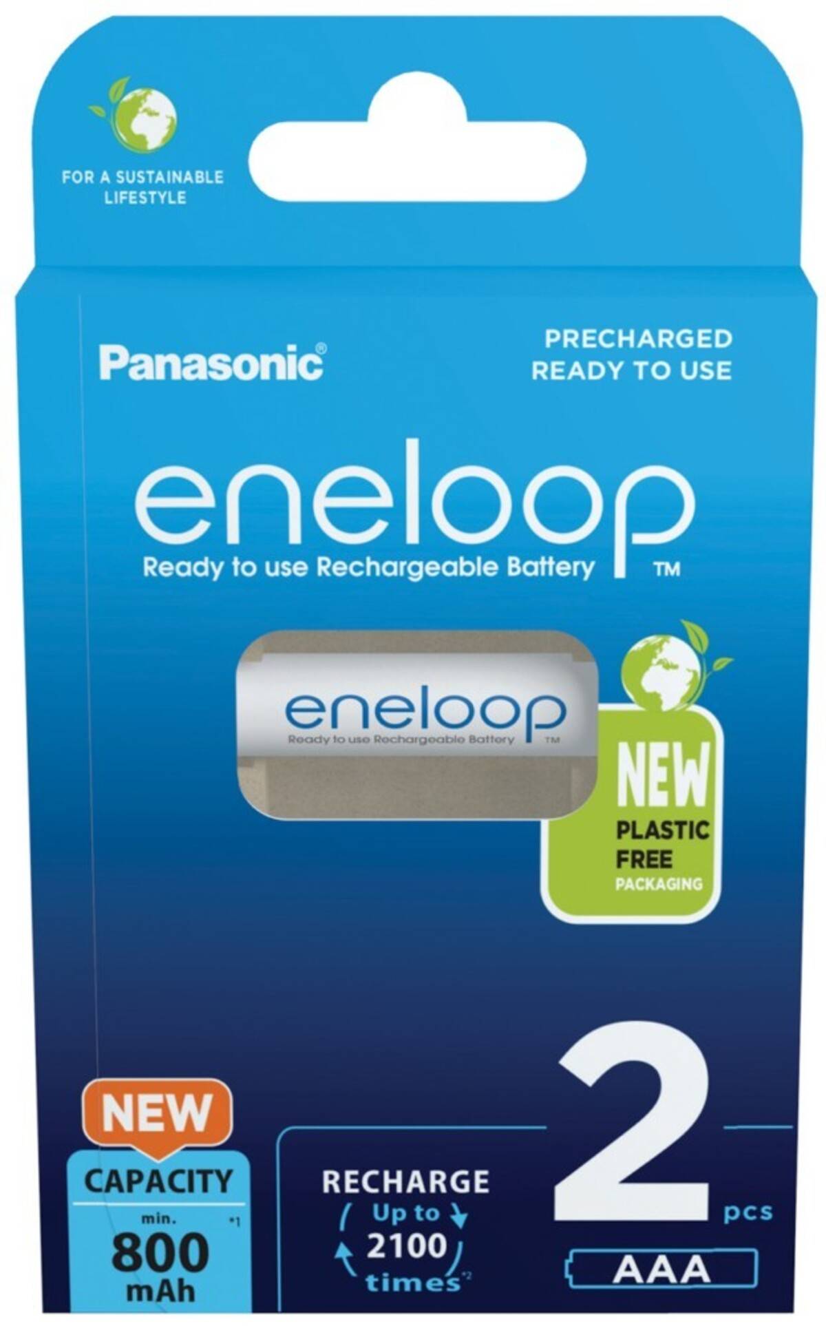 Panasonic eneloop AAA Wiederaufladbare Batterien, 2er-Pack, vorgekauft und einsatzbereit, 800 mAh, mit „Neuer plastikfreier Verpackung