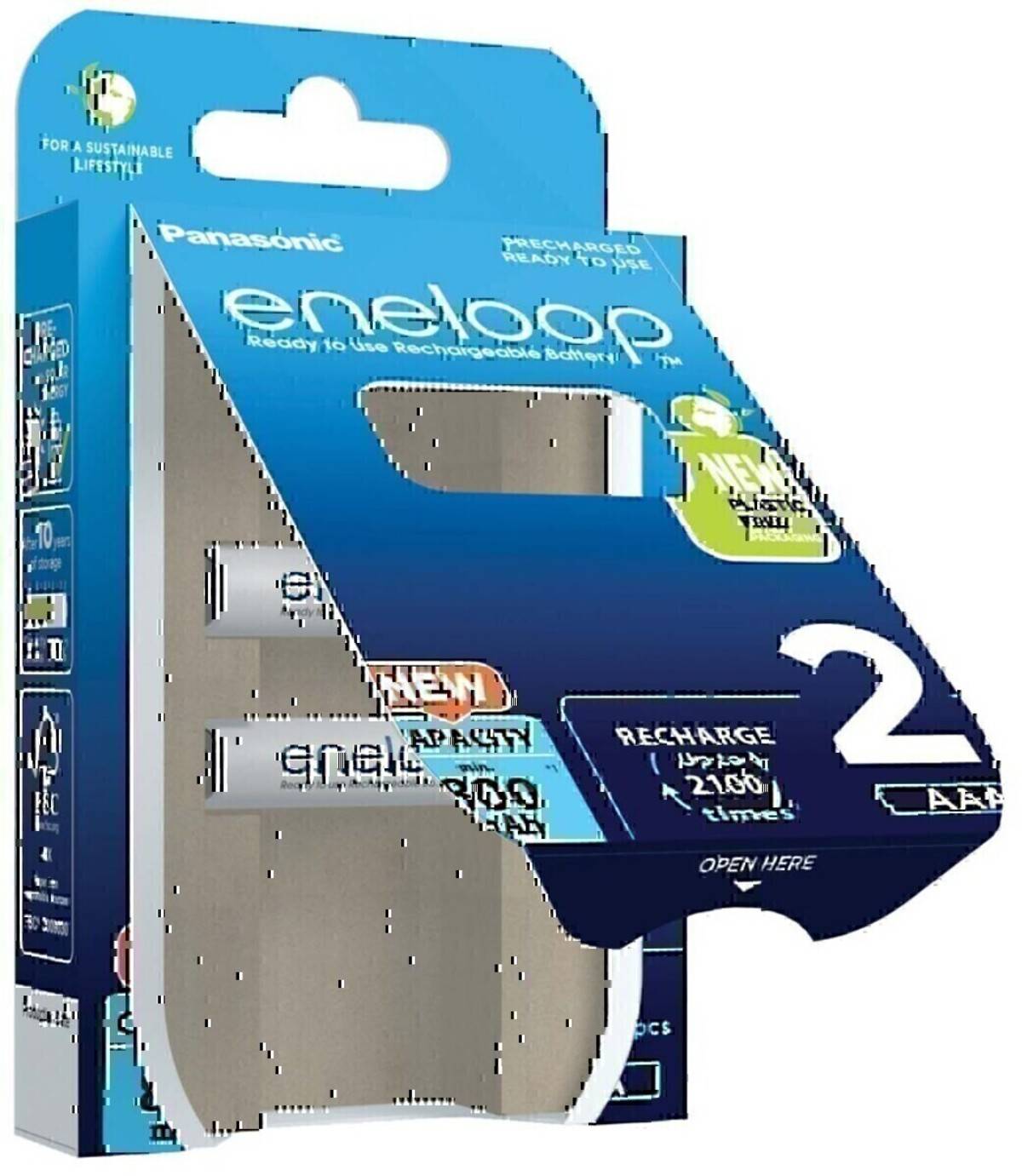 Panasonic eneloop Batterie-Einzelhandelsverpackung zeigt zwei AA-Akkus in einer blauen Kartonverpackung.