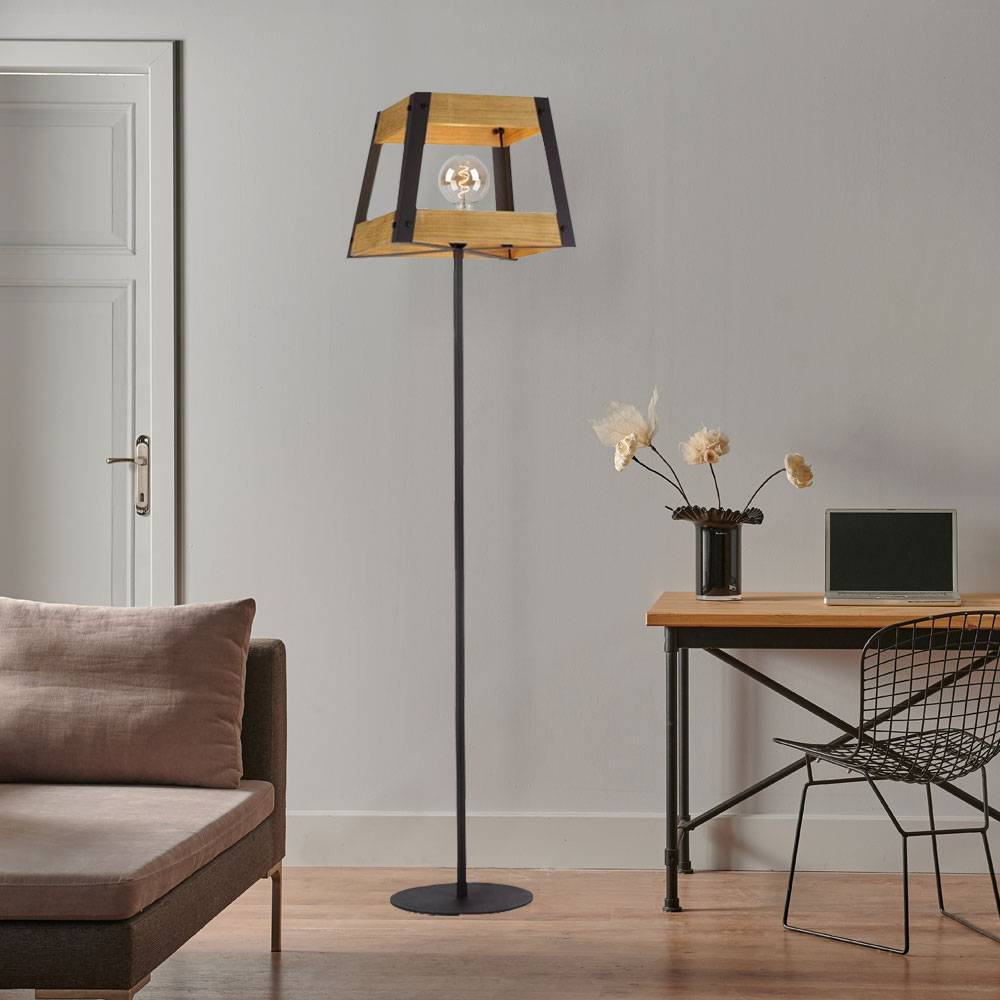 Retro Steh Leuchte Wohn Ess Zimmer Holz Decken Fluter Stand Lampe schwarz LeuchtenDirekt