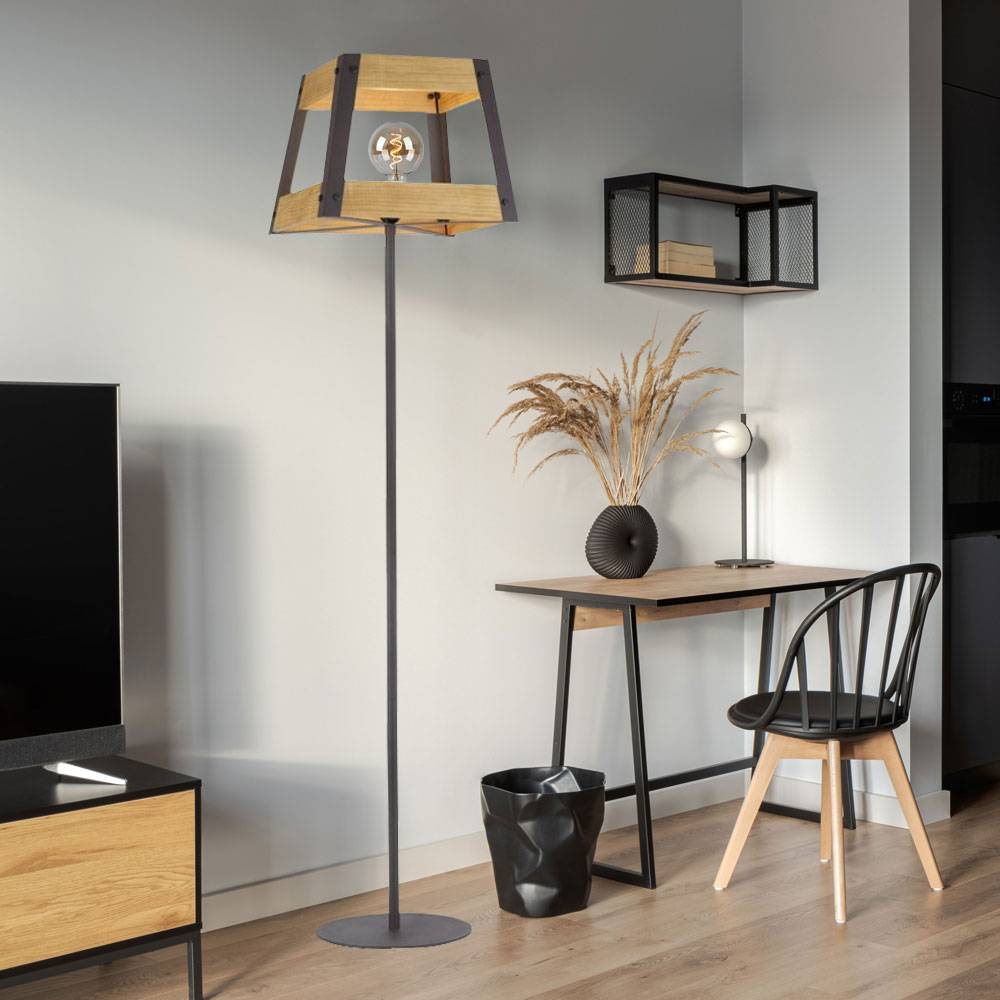 Retro Steh Leuchte Wohn Ess Zimmer Holz Decken Fluter Stand Lampe schwarz LeuchtenDirekt