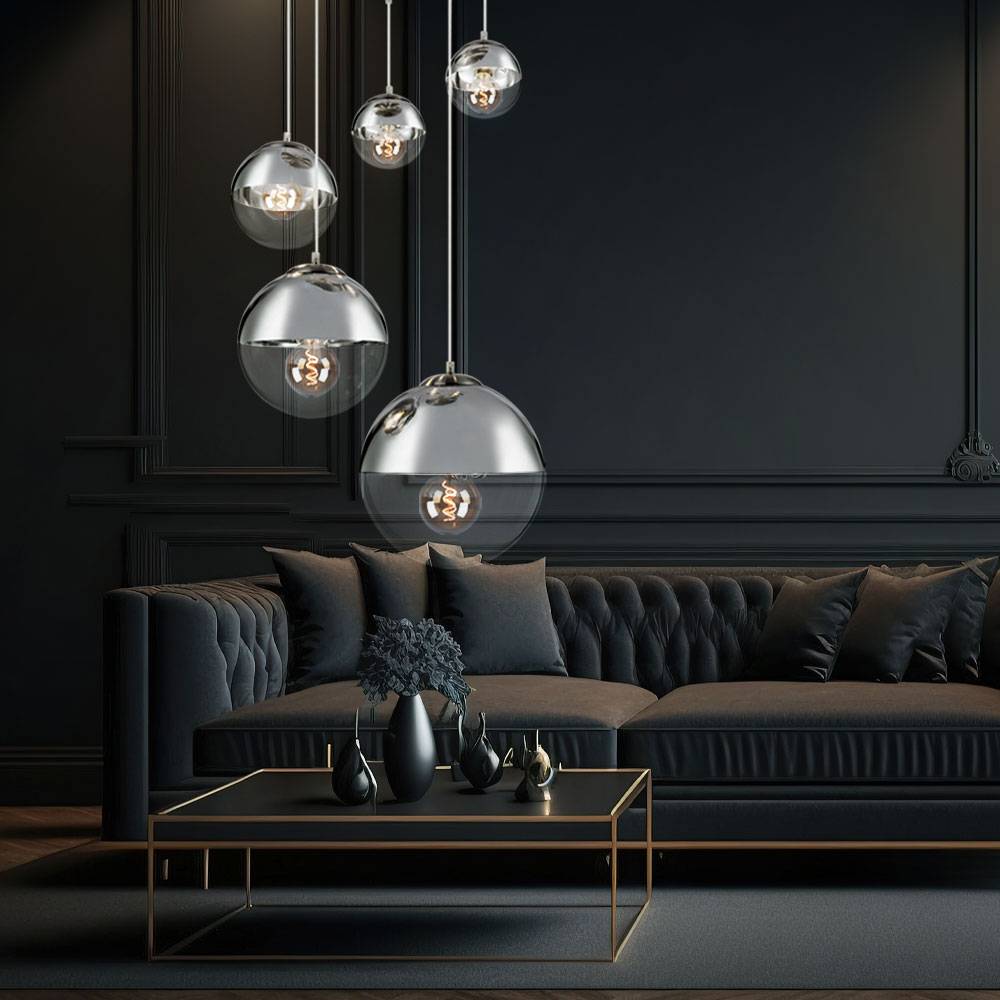 Hängeleuchte Esszimmer Modern Esstischleuchte Glaskugeln 5 Flammig Kugelleuchte Glas Groß, Nickel-matt klar chromfarben, 5x E27, DxH 65x150 cm