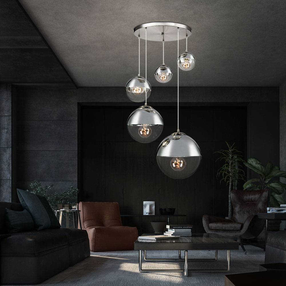Hängeleuchte Esszimmer Modern Esstischleuchte Glaskugeln 5 Flammig Kugelleuchte Glas Groß, Nickel-matt klar chromfarben, 5x E27, DxH 65x150 cm