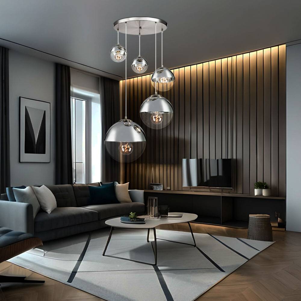 Hängeleuchte Esszimmer Modern Esstischleuchte Glaskugeln 5 Flammig Kugelleuchte Glas Groß, Nickel-matt klar chromfarben, 5x E27, DxH 65x150 cm