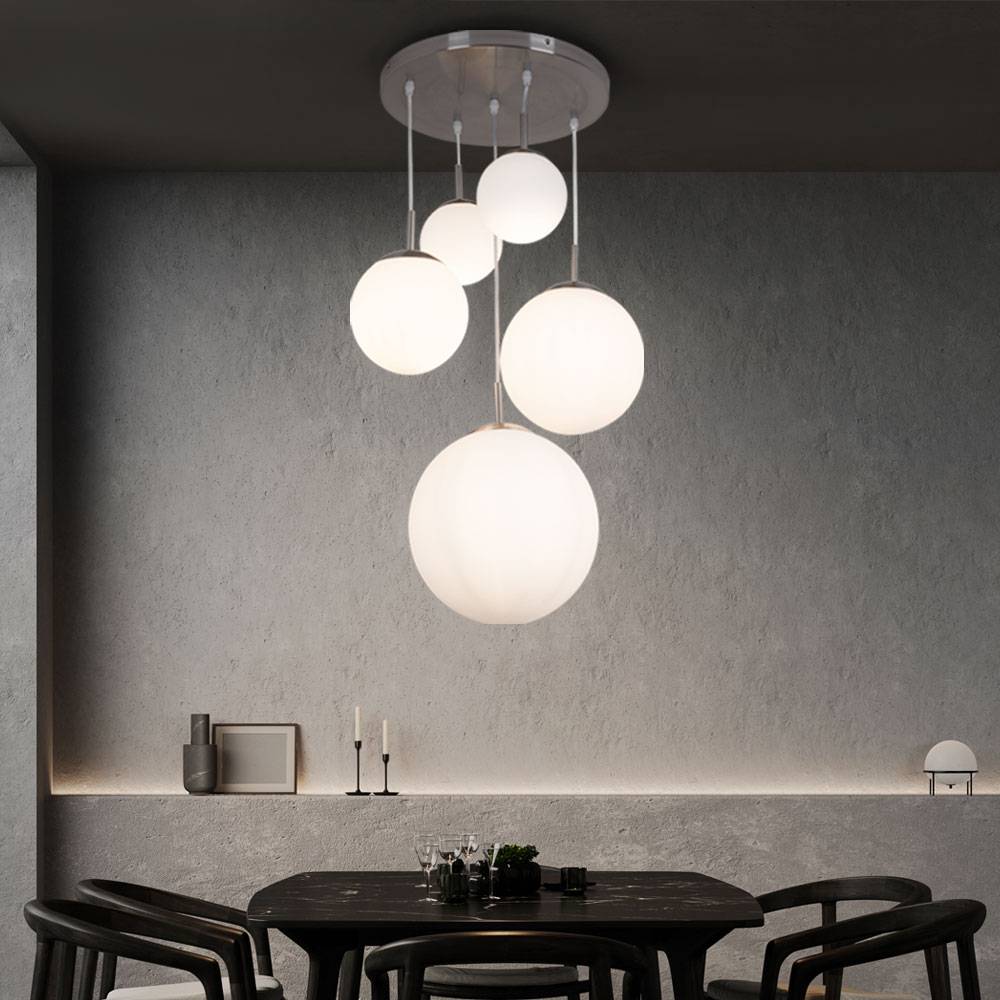Hängeleuchte Glaskugeln Esstischleuchte hängend Modern Kugelleuchte Hängelampe Glas, 5 Flammig, Metall nickel-matt, 5x E27, BxH 50x90 cm